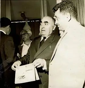 Dr Mark Dvorzhetski and others at the opening of the Ninth Conference of the Association of War Invalids against Nazism, Tel-Aviv, Beit-Tavori. Dr Dvorzhetski in the center.