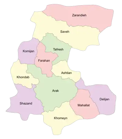 Location of Shazand County in Markazi province (bottom left, purple)