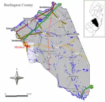 Location of Marlton in Burlington County highlighted in yellow (left). Inset map: Location of Ocean County in New Jersey highlighted in black (right).