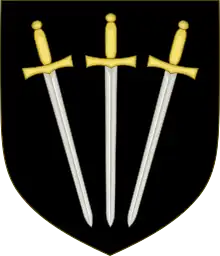 Arms of Poulett: Sable, three swords pilewise points in base proper pomels and hilts or