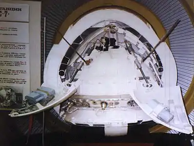 A cut-away view of the Mars 3 Lander at the NPO Lavochkin Museum