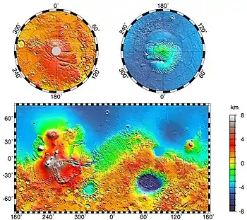 This topographic map shows volcanic peaks in white because of their great height. Near the equator, a line of three volcanoes points south to Phaethontis and three large craters-the area where there are many gullies.