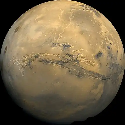 Wide view of Mars centered on Valles Marineris, taken with Viking images  Note, this picture can be greatly enlarged by clicking on it several times.