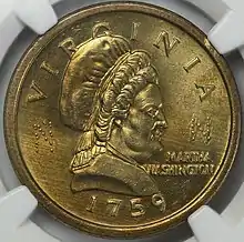 The obverse of a coin depicting a woman dressed in eighteenth-century clothing