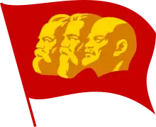 Flag featuring the "Three Heads" of Karl Marx, Friedrich Engels, and Vladimir Lenin