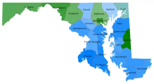 Map of vote on the Maryland Constitution of 1864 by county.