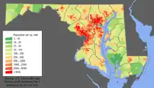 Image 26Maryland population distribution map; Maryland's population is concentrated mostly in the Washington–Baltimore combined statistical area. (from Maryland)