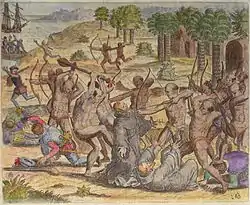 Image 13The Natives of Cumaná attack the mission after Gonzalo de Ocampo's slaving raid. Colored copperplate by Theodor de Bry, published in the "Relación brevissima de la destruccion de las Indias". (from History of the Caribbean)