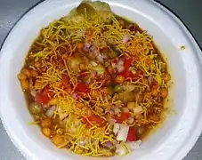 Plate of Masala puri with mixture topping