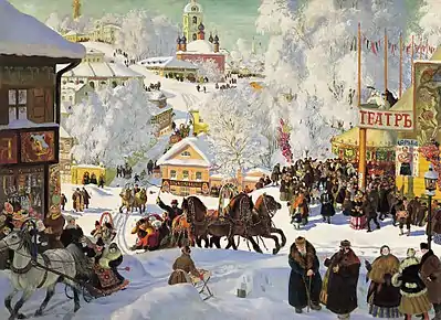 Image 4MaslenitsaArtist: Boris KustodievMaslenitsa, a 1919 painting depicting the carnival of the same name, which takes place the last week before Great Lent. The painting encompasses a broad range of things associated with Russia, such as snowy winter weather, a troika, an Orthodox church with onion domes. Painted in the aftermath of the October Revolution, the canvas was intended as a farewell to the unspoilt "Holy Russia" of yore.More selected pictures