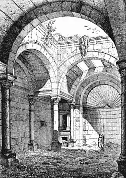 19th-century drawing of interior space of the Roman temple ("Praetorium") in al-Masmiyah