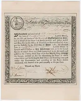 Image 4Certificate of government of Massachusetts Bay acknowledging loan of £20 to state treasury by Seth Davenport. September 1777 (from History of Massachusetts)