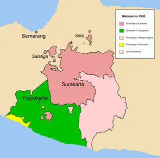 The realm of Surakarta Sunanate (red) and Yogyakarta Sultanate (green) in 1830