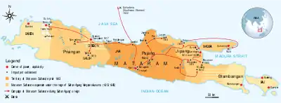 The maximum extent of Mataram Sultanate during the reign of Sultan Agung Anyokrokusumo (1613–1645)