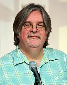 A man in glasses and a plaid shirt sits in front of a microphone. (from List of awards and nominations received by The Simpsons)