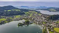 View from the lake: castle and church