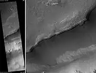 Maunder Crater, as seen by HiRISE.  The overhang is part of the degraded south (toward bottom) wall of crater.  The scale bar is 500 meters long.