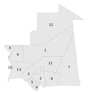 A clickable map of Mauritania exhibiting its twelve regions and one capital district.