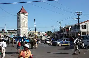 May Pen town centre; the large open-air market is just behind the buildings on the left