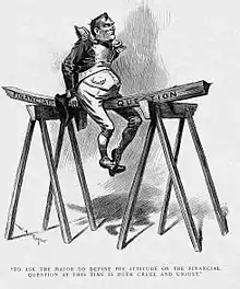 A political cartoon shows McKinley riding a plank of wood marked "Cross of Gold speech#Background".