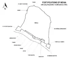 View of Mdina (above) and map of the city's fortifications as they were in 1565 (below)