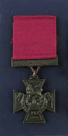 a photograph of a bronze medal with a crimson ribbon attached