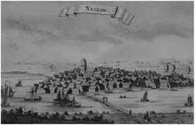 Copper plate illustration of the town of Nakskov, Denmark, probably 17th century, seen from the south across the strait separating the inner and outer portions of the fjord.