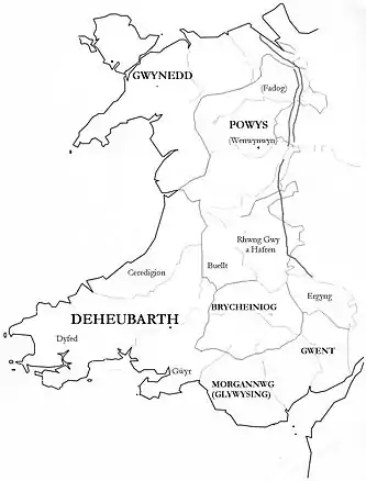 Image 15Medieval kingdoms of Wales shown within the boundaries of the present day country of Wales and not inclusive of all (from History of Wales)