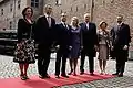 Dmitry Medvedev and Jens Stoltenberg with Ingrid Schulerud, Svetlana Medvedeva, Harald V of Norway, Queen Sonja of Norway and Haakon, Crown Prince of Norway outside Akershus Fortress in Oslo, Norway