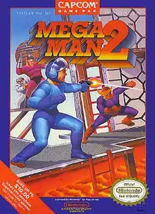 Artwork of a navy blue, vertical rectangular box. The top portion reads "Mega Man 2", while the artwork depicts a humanoid figure in a blue outfit firing a gun at a second humanoid figure in a purple and red outfit.