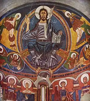 Christ in Majesty, in a mandorla and surrounded by the tetramorph, Romanesque fresco, apse of Sant Climent de Taüll, Catalonia, 1123.