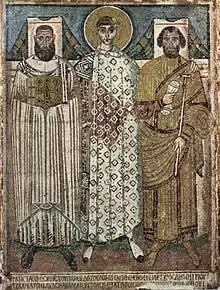 Mosaic of St Demetrius between the eparch and the bishop (7th)