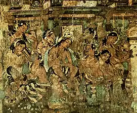 One of four frescoes for the Mahajanaka Jataka tale: the king announces his abdication to become an ascetic.