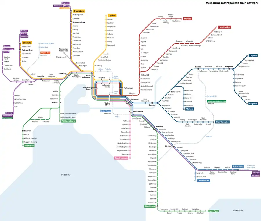 Map of the Melbourne rail network, metropolitan train network, with the Airport link and Metro Tunnel shown as dashed lines.