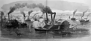 2nd from left CSS General Sterling Price; 3rd from left CSS Little Rebel; Center foreground USS Monarch ramming CSS Beauregard