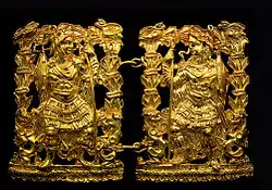 Men in armor, in Greek fighting gear. Tomb III. Gold repoussé artifact from Tillya Tepe, probably Yuezhi