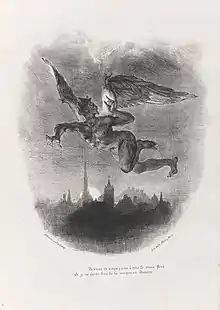 Image shows an 1828 lithograph by Eugène Delacroix, showing the German demon Mephistopheles flying over Wittenberg.