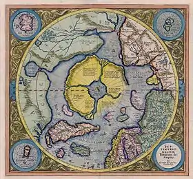 An arctic continent at the north pole, shielded by a ring of mountains, in this 1623 map, like the Greek Hyperborea or Tolkien's Valinor with its Pelóri mountain wall