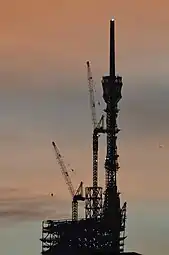 Telephoto shot at dusk of the almost completed spire from the east, November 2021