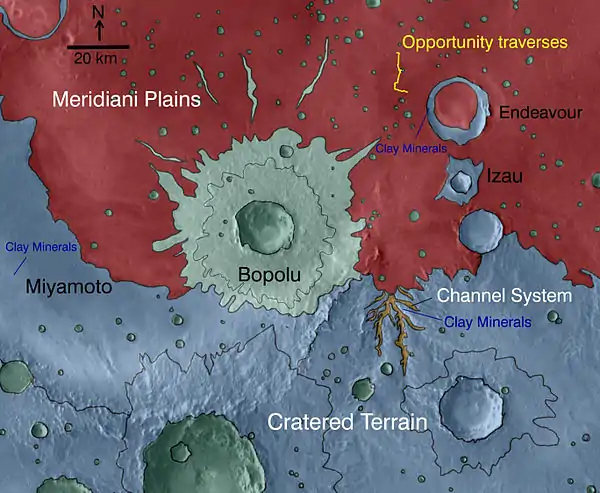 Color-coded for minerals and annotated, Iazu crater is south of Endeavour crater