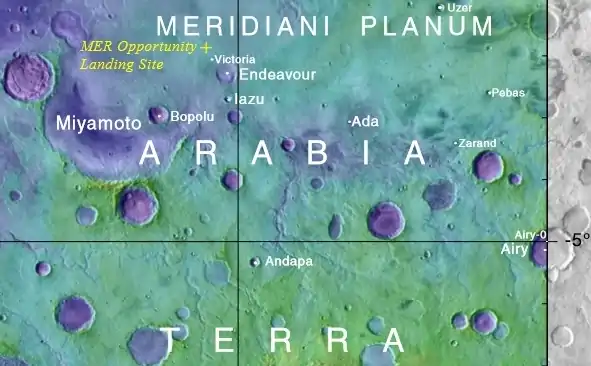 Annotated elevation map of Opportunity landing site and some surrounding craters including Endeavour and Miyamato