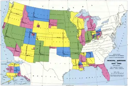 Principal meridians and Baselines governing the United States Public Land Survey System.