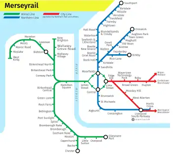 A not-to-scale map of Merseyside showing the Wirral line (green), the Northern line (blue) and the City Line (red)