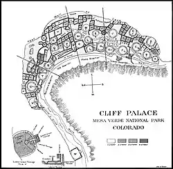 The ground plan for Cliff Palace from a survey published in a book by Jesse Walter Fewkes, c. 1909