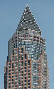 Messeturm in Frankfurt, Germany (1990), by Helmut Jahn, a Postmodern building that is reminiscent of Art Deco architecture