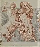 Drawing of a man fighting a centaur.