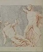 Drawing of a man fighting a centaur.