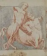 Drawing of a man fighting a centaur.