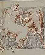 Drawing of a man fighting a centaur.