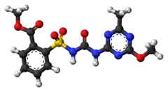 Ball-and-stick model of the metsulfuron-methyl molecule